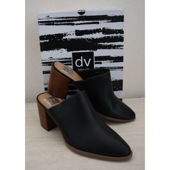 dv x Dolce Vita UW611029 Women’s Sz 8.5 Black Nero PU Leather Stacked Heel Mules - Picture 1 of 14